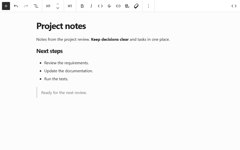 MarkBricks visual editor with headings, text, and lists.