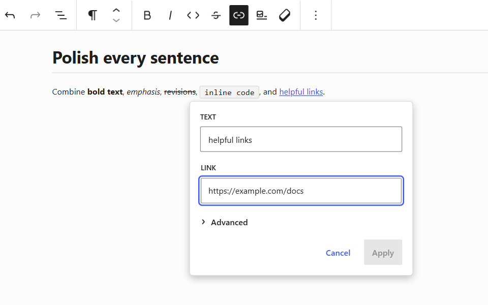 MarkBricks visual editor showing rich inline formatting and a link popover.