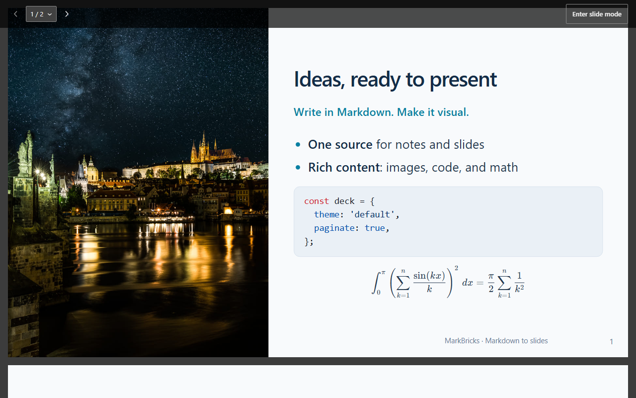 A Marp slide deck in the MarkBricks preview, with slide navigation controls.