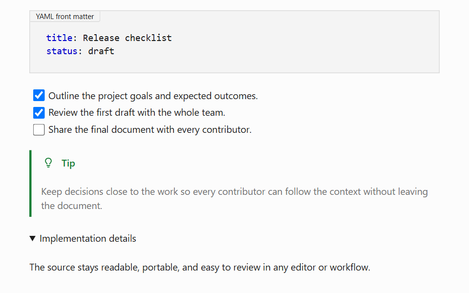 MarkBricks visual editor with YAML front matter, a three-item task list, a GitHub-style alert, and expanded details.